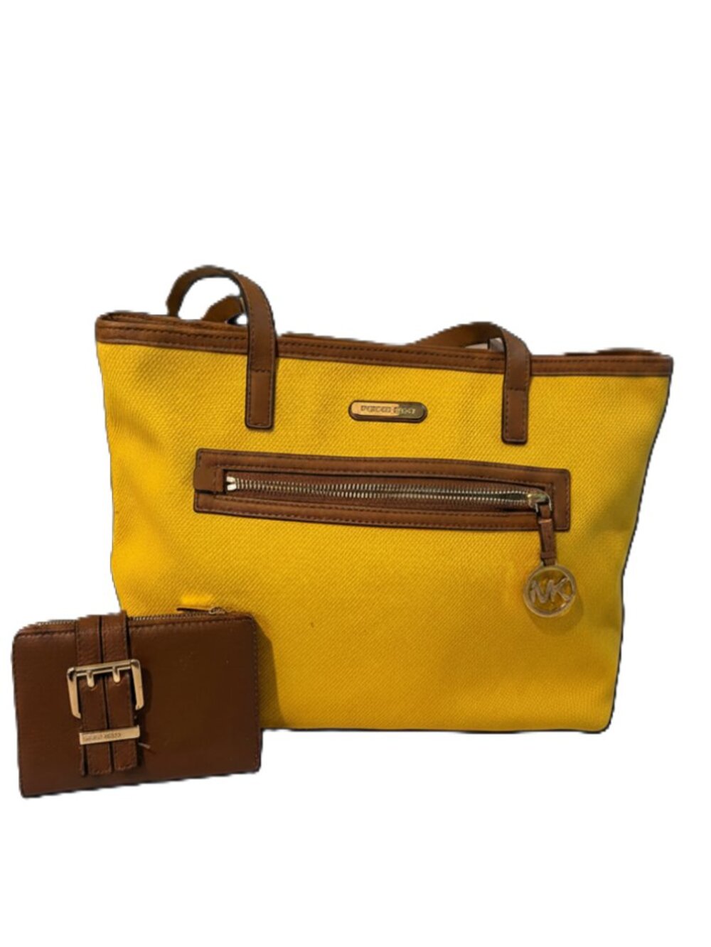 MICHAEL KORS 2-Piece JET SET  Yellow Canvas Tote + Brown Pebbled Leather Wallet